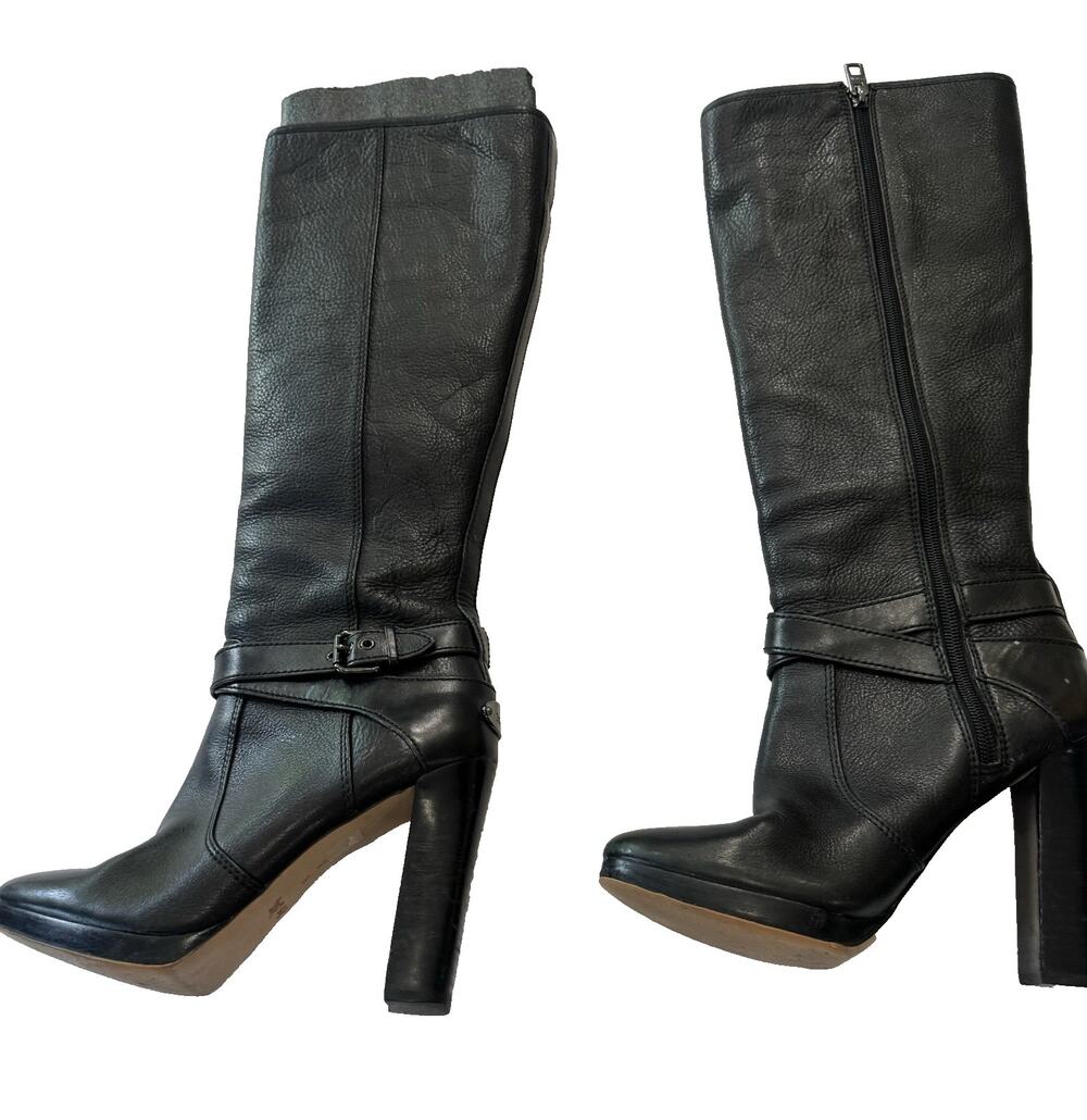 COACH Angelina Tall Knee High Boots Black Leather Chunky Heel Buckle Boots sz 8